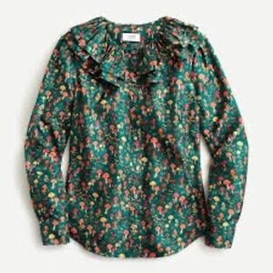 J.Crew Collection Med %100 Silk Mushroom Print Ruffle Collar Blouse Green